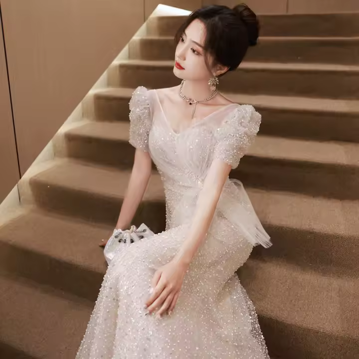 Vestido Eveig Gow Estilo Francés de Cola de Pescado para Mujer 2025 Vestido de Boda de Lujo Ligero - 1