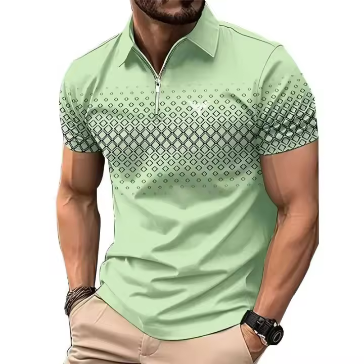 Polo Deportivo Casual para Hombre Manga Corta, Escote con Cremallera y Borla, Estampado de Poliéster, Secado Rápido, Moda de Verano Personalizada - 1