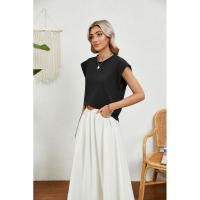 BUNO-2025 Tops para mujer, pantalón corto informal de moda de verano, camisetas básicas con textura a rayas de Color sólido y cuello redondo - details 40