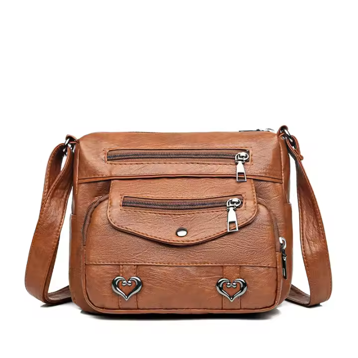 Bolso cruzado de piel sintética para mujer, Vintage con múltiples bolsillos bolso de hombro, decoración de corazón - 1