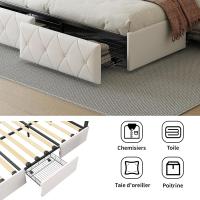 4 cajones, cama tapizada con almacenamiento cama doble acolchada con somier 160 x 200 cm con cabecera cama con láminas cama para 2 personas (PU blanco, 160 x 200) - details 1