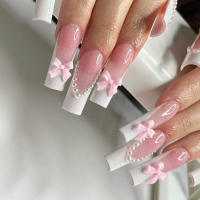 24pcs Uñas Postizas Cortas En Forma De Almendra Con Borde Redondo Y Perlas Blancas Diseño Francés Lindo Y Dulce Para Uso Diario - details 11