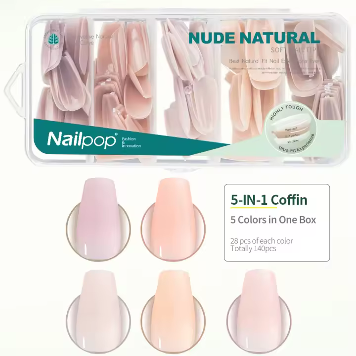 Nailpop Sweet Dream Kit de uñas postizas de 5 colores, 140/150 Uds., formas cuadradas de ataúd de almendra, puntas de uñas postizas duraderas de 14/15 tamaños - 1