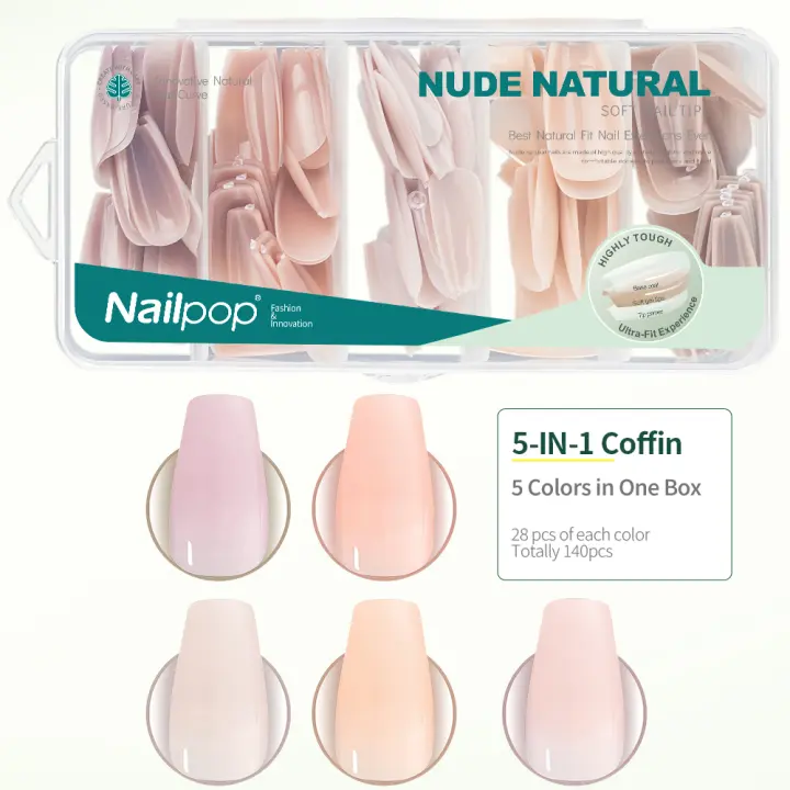 Nailpop Sweet Dream Kit de uñas postizas de 5 colores, 140/150 Uds., formas cuadradas de ataúd de almendra, puntas de uñas postizas duraderas de 14/15 tamaños - 1
