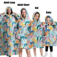 Manta de gran tamaño con capucha para adultos, conjunto de ropa de invierno de lana para la familia, dinosaurio, tiburón, Tigre, gris y rosa - details 12