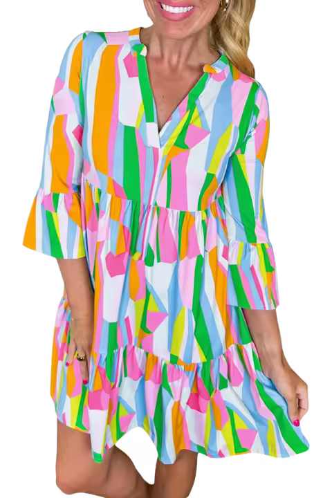 Elrachen Vestido con cuello en V y manga con volantes y estampado abstracto para mujer, verde, tallas S-XL - 1