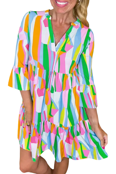 Elrachen Vestido con cuello en V y manga con volantes y estampado abstracto para mujer, verde, tallas S-XL - 1
