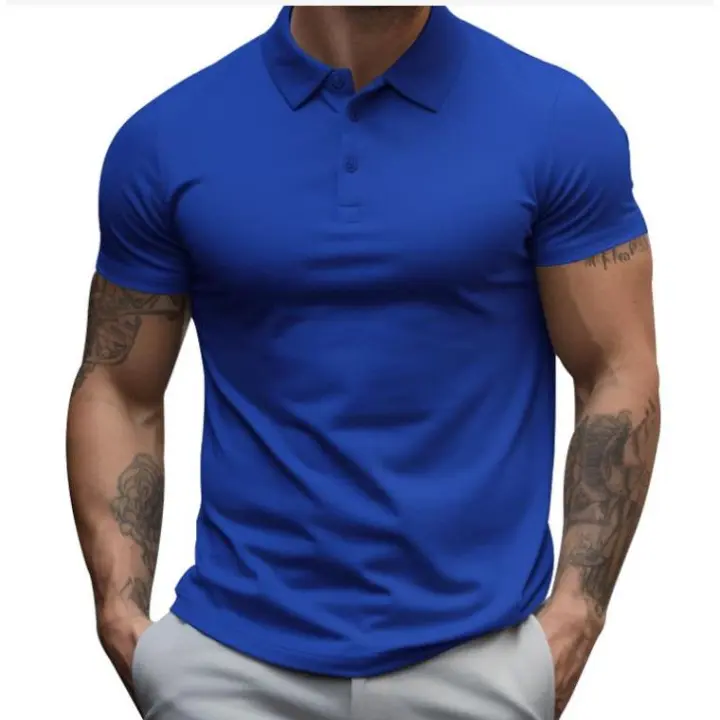 Polo de manga corta para hombre, camiseta informal con cuello Henry, talla grande, primavera, verano, azul, negro, rojo2XL - 1