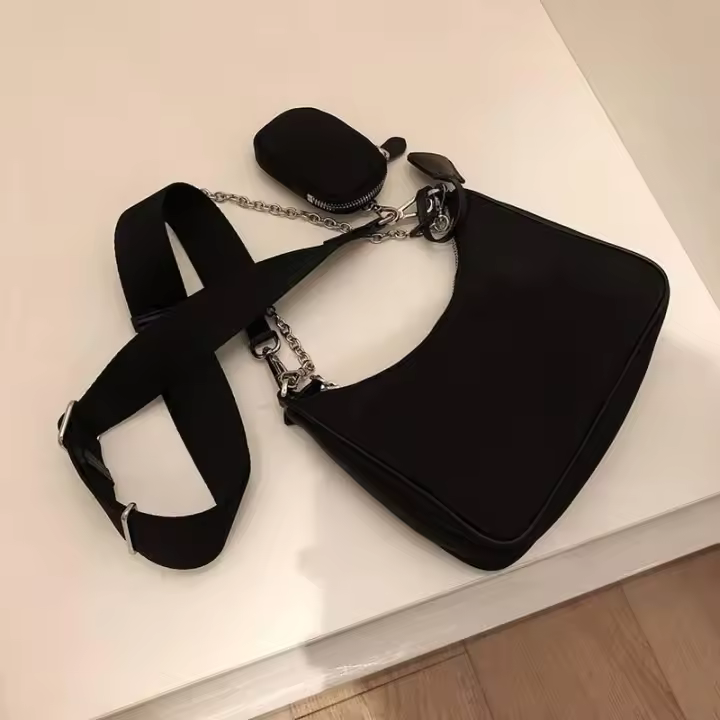 Bolso de diseñador para mujer, bolso de hombro de nailon vintage con cadena, a la moda - 1