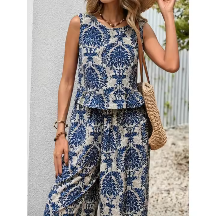 2025 Europa Y Estados Unidos Ropa De Mujer, Top Estampado Sin Mangas + Pantalón Cintura Alta Traje Casual Mujer, Moda Y Ocio - 1
