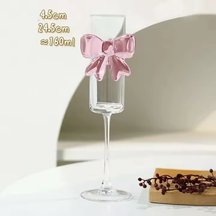 1 pieza de copa de vino roja transparente decorada con lazo rosa grande, copas de champán, copas de vino - 1