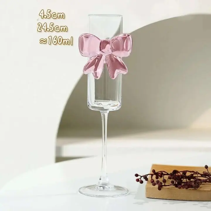 1 pieza de copa de vino roja transparente decorada con lazo rosa grande, copas de champán, copas de vino - 1