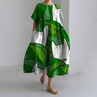 Novedad de verano, vestido elegante Vintage estampado de manga corta con cuello redondo, vestidos largos informales holgados con bolsillos y temperamento - details 5