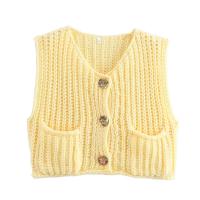 Chaleco de Punto sin Mangas de Moda Coreana para Mujer Cuello en V, Botón Azul, Bolsillos de Adelante, Rojo - details 2