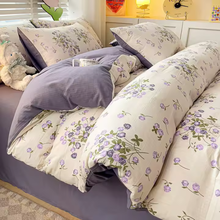 Juego de cama: Sábana ajustable de algodón lavado puro de cuatro piezas, funda de edredón, juego de tres piezas de cama individual para dormitorio de estudiantes: Sábana, funda - 1