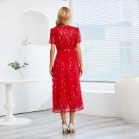 Vestido largo de fiesta de gasa de manga corta para mujer, vestido nupcial, rojo S - details 6
