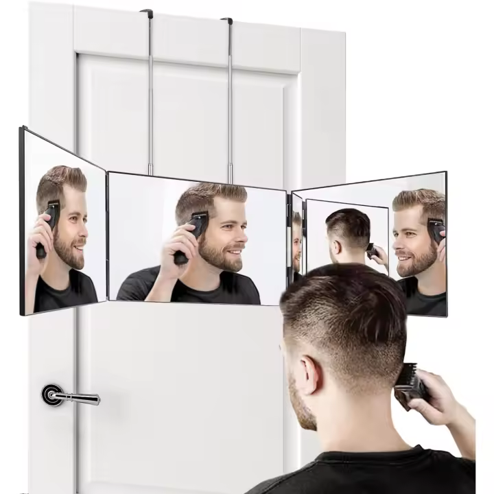 Gancho de 3 vías iSawSee 360 ​ ​ grados, espejo cosmético de afeitar, regulable en altura y plegable con aumento 5X para peluquería - 1