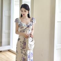 Pausa para el café Vestido floral de verano con suave viento francés, hombro de una palabra con cuello en V Un vestido de péndulo JY25242 - details 2