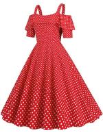 Vestido de fiesta Vintage elegante con hombros descubiertos, vestidos Midi de línea A con volantes y lunares de verano para mujer - details 26