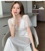 Ropa de dormir Sexy de encaje de seda helada para mujer, camisón de boda rojo de manga corta con cuello en V y almohadilla para el pecho, chino anual de verano - details 28