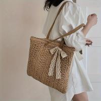 Bolso de Paja Boho Chic Gran Capacidad, Bolso de Playa de Verano con Cierre de Cremallera, Linería de Poliéster, Khaki/Ivory - details 1