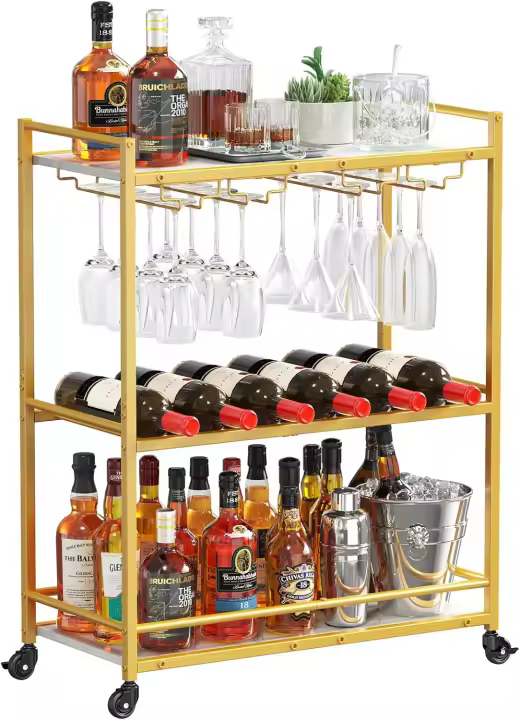 Carrito Auxiliar 3 Niveles con Ruedas bloqueables, Soporte para Botellas y portavasos, Carro Auxiliar Cocina, Ideal para Cocina, Comedor o Sala de Estar, 63,2 x 30 x 81,5 cm - 1