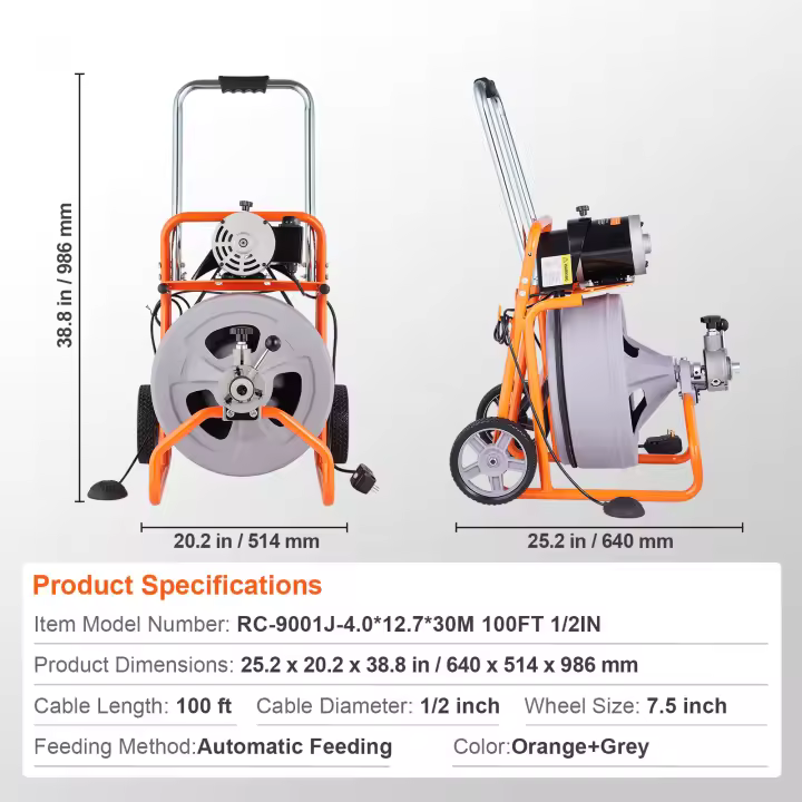 SucceBuy Máquina limpiadora de drenaje, barrena de serpiente de alcantarillado de alimentación automática, interruptor de pie activado por aparato de limpieza de drenaje eléctrico para tuberías - 1