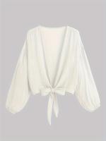 Cárdigan liso de manga larga para mujer, cárdigan informal con nudo frontal para playa, trajes de baño y ropa para mujer - details 2