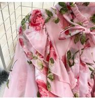 Elegante vestido midi de manga larga con corte en A y falda plisada, cintura ceñida, dobladillo de gasa, estampado floral coreano Sle Commute - details 4