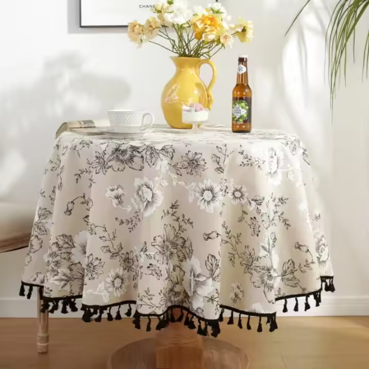 Mantel de algodón de lino Floral con borla, cubierta de mesa retro, cubierta de mesa redonda, paño de té, decoración de escritorio - 1