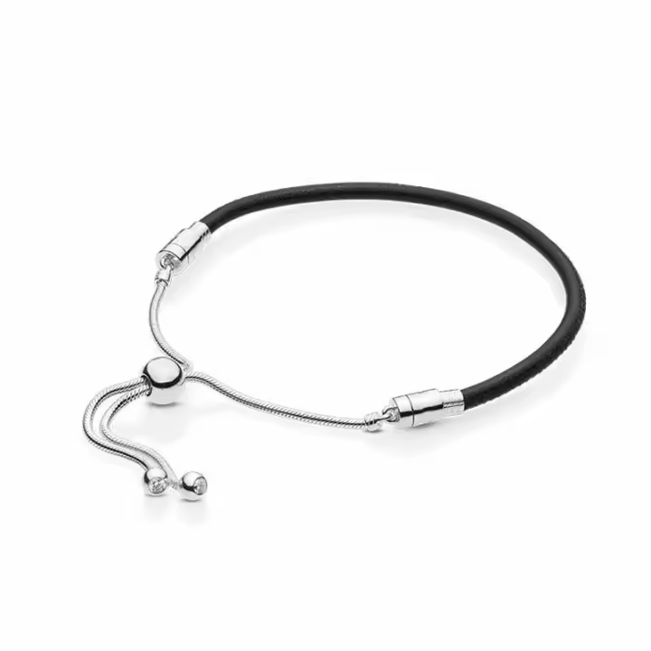 Joyería S925 con pulsera ajustable de cordón de cuero negro - 1