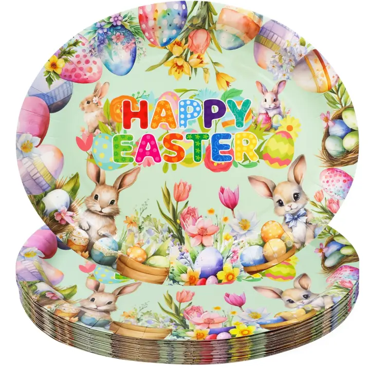 Platos de Papel para Pascua 24Pcs Ovales para Huevos y Conejos Vajilla Desechable para Fiestas y Decoraciones - 1