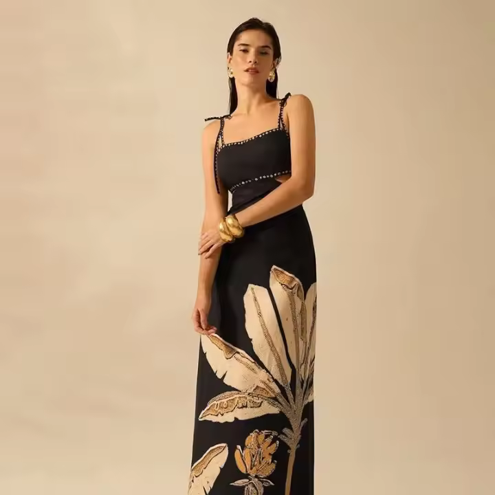 Elegante Camisola Impresa y sin Espalda Falda Larga Adelgazante de Cintura Alta - 1