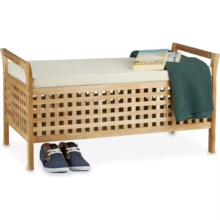 Banco con almacenaje de madera de nogal, forro de lino, 46,5 x 92,6 x 49 cm, color natural - 1