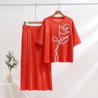 Conjunto de dos piezas para mujer, top de punto de manga corta holgado con cuello redondo abstracto simple de verano y falda recta a la cintura. - details 6