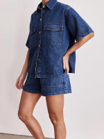 Trajes de verano para mujer, camisa de manga corta con botones de mezclilla de Color sólido y pantalones cortos elásticos, ropa de calle para discoteca, ropa de moda - details 8