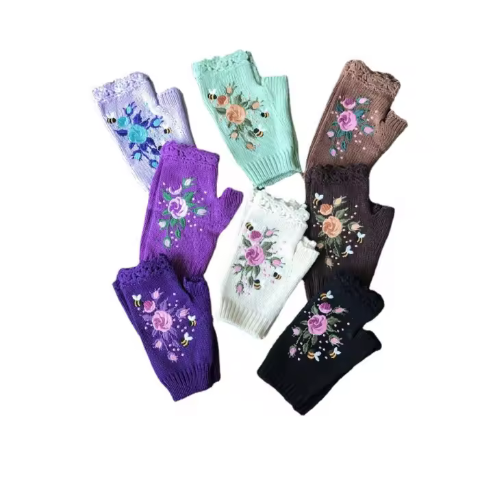 Guantes de punto para mujer, manecillas bordadas de lana cálida con medio dedo, para otoño e invierno, 2024 - 1