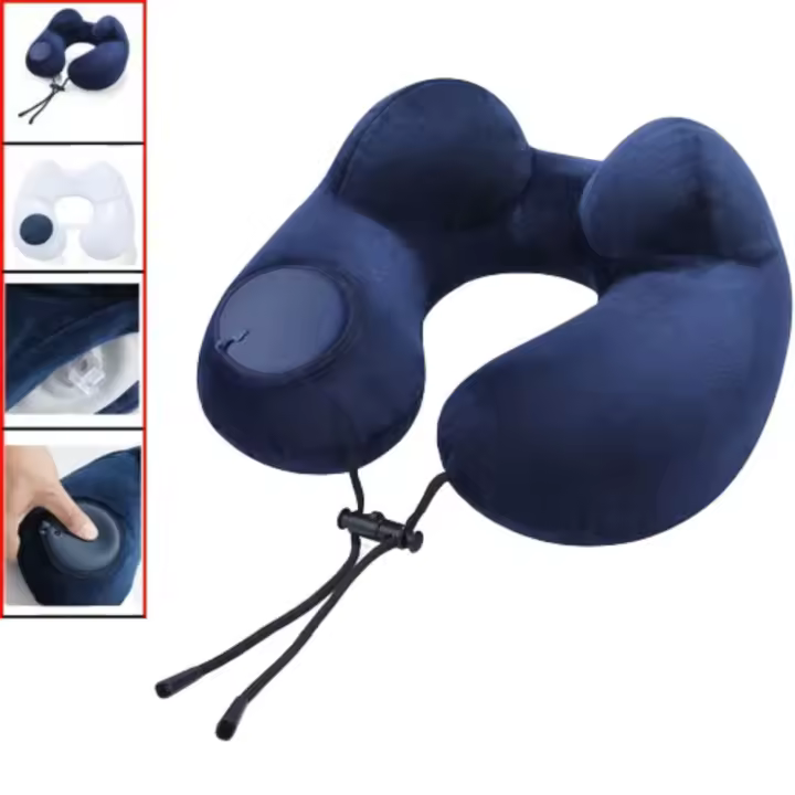 Relaxation U-Shaped Inflatable Travel Pillow Hand Pressing Foldable Neck Support Cushion with Storage Bag Soft Neckrest Pad Car - 1