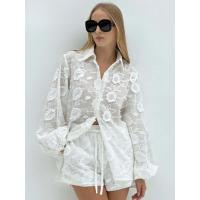 Conjunto de Algodón Blanco para Mujer de 2 Piezas Conjunto Informal de Jacquard con Botones y Manga en la Muñeca Camisas y Pantalones Cortos de Cintura Alta para el Verano - details 1