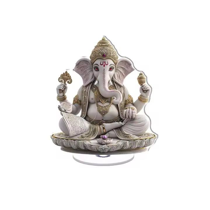 Escultura acrílica giratoria de Ganesha con detalles dorados y ojos de rubí, meditando bajo la luna llena con un pergamino sagrado y un loto - 1