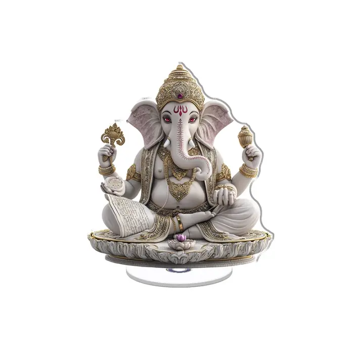 Escultura acrílica giratoria de Ganesha con detalles dorados y ojos de rubí, meditando bajo la luna llena con un pergamino sagrado y un loto - 1