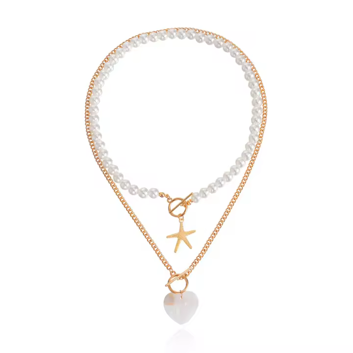 Joyería de moda de doble capa de estrella de mar amor collar de madre para mujer versátil Y2k estilo de collar de perlas - 1