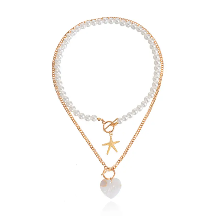 Joyería de moda de doble capa de estrella de mar amor collar de madre para mujer versátil Y2k estilo de collar de perlas - 1