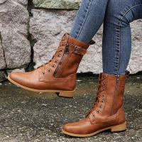 Botines de punta redonda con cordones para mujer, botas militares de combate de tacón bajo de media pantorrilla, botines de equitación - details 2