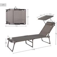 Plegable con Parasol Gris, Antivuelco, Reclinable 3 Posiciones, Material: Acero y textileno, Medidas: 193x53x30cm, Peso máx. soportado 110Kg, Tumbonas Plegables (62288) - details 2