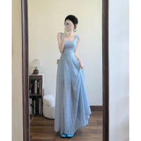 Vestido camisola azul minimalista para mujer, ceñido a la cintura y vestido largo francés con licencia para vacaciones en la playa, nuevo estilo - details 6