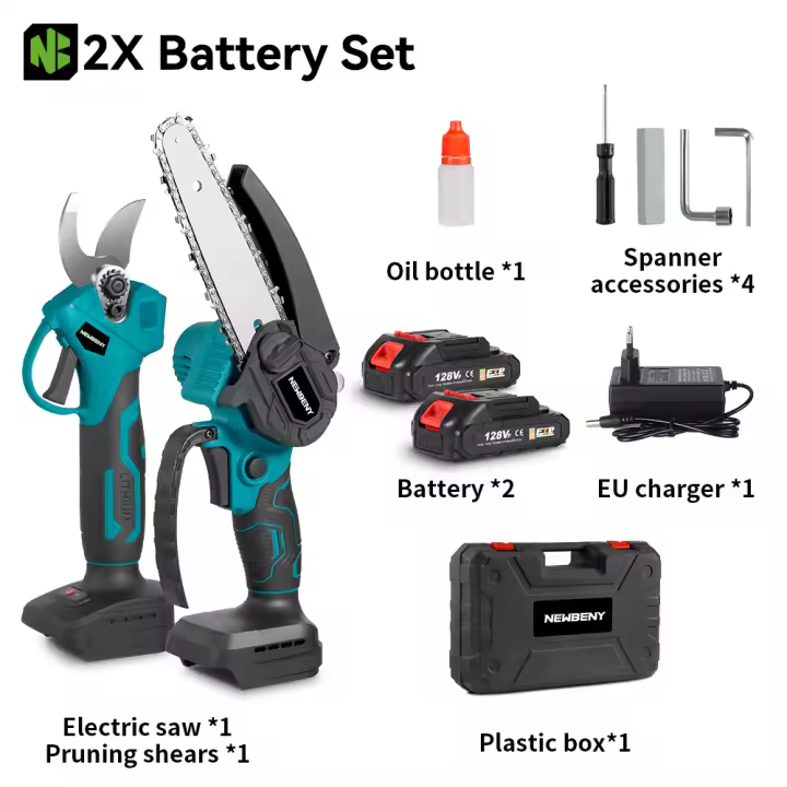 NEWBENY-sierra eléctrica sin escobillas de 6 pulgadas + juego de tijeras de podar eléctricas de 30mm, herramientas inalámbricas para carpintería de jardín para batería de 18V - 1