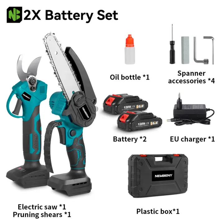 NEWBENY-sierra eléctrica sin escobillas de 6 pulgadas + juego de tijeras de podar eléctricas de 30mm, herramientas inalámbricas para carpintería de jardín para batería de 18V - 1