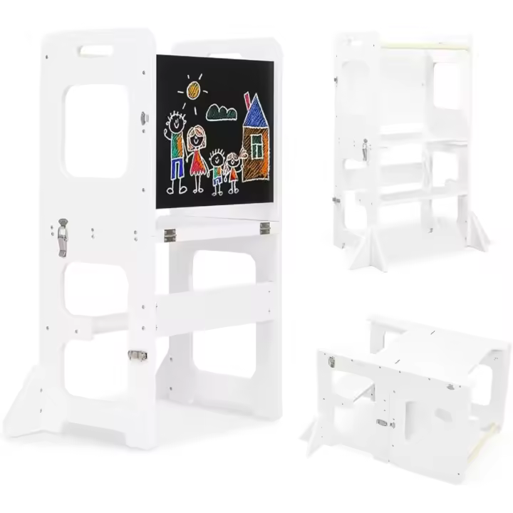 Aprendizaje Niños, Torre Aprendizaje Montessori de Madera, Torre Aprendizaje Plegable 3 en 1, Torre Aprendizaje con Pizarra Negra Convertible en Escritorio Infantil (Blanco) - 1