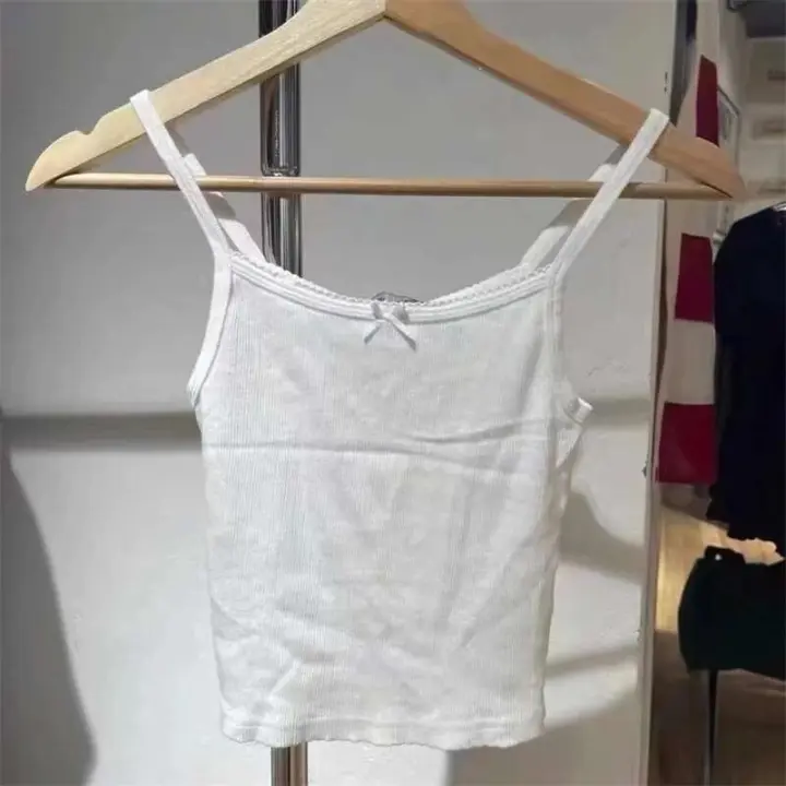 Camiseta Ustada con lazo blanco, adecuada para la moda de verano 2022, top informal de punto sin mangas de color liso - 1